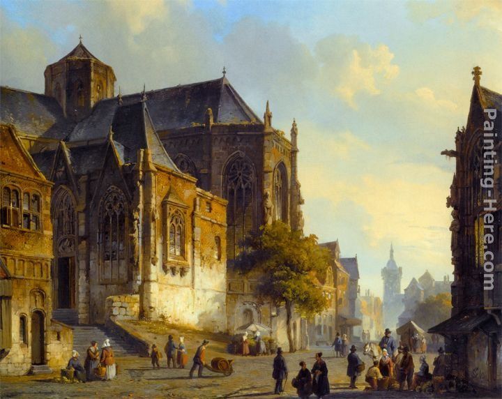 Cornelis Springer Figures on a Market Square in a Dutch Town
